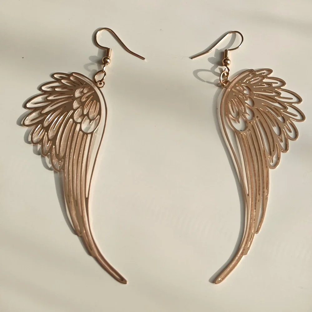 Gold Tone Angel Wing Earrings Large Long Filigree Cutout Dangle Drop Statement
